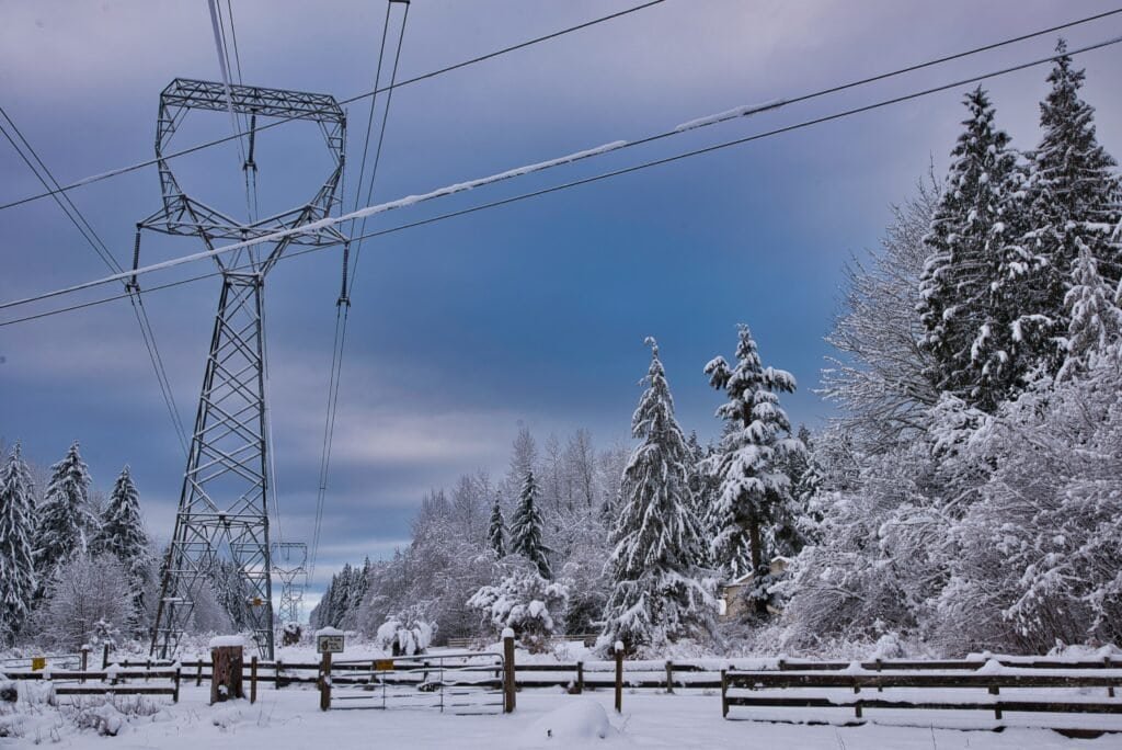 High-voltage power transmission tower in a snowy winter landscape with snow-covered trees and a cloudy sky, showcasing electrical infrastructure in a cold climate.
