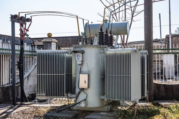 High-voltage power transformer at Taishan Transformer facility, showcasing industrial electrical equipment used for power distribution and voltage regulation.