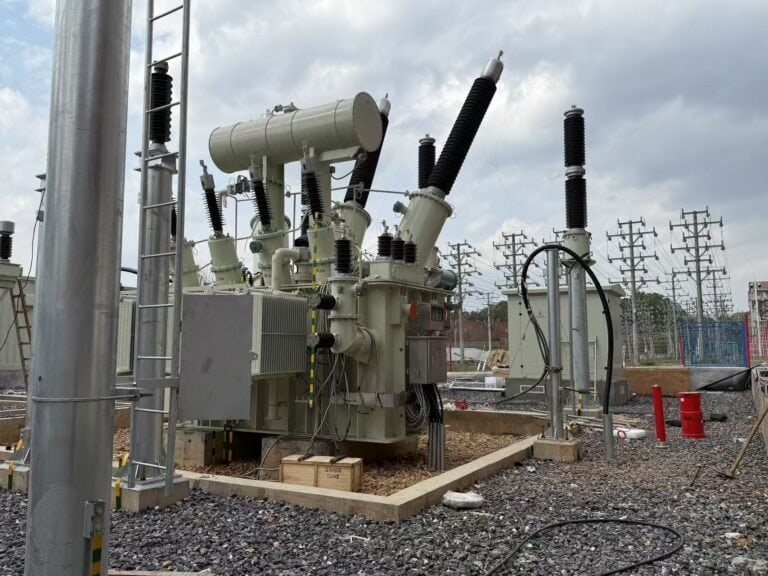 High-voltage electrical transformer at Taishan Transformer facility with protective insulators and electrical infrastructure.
